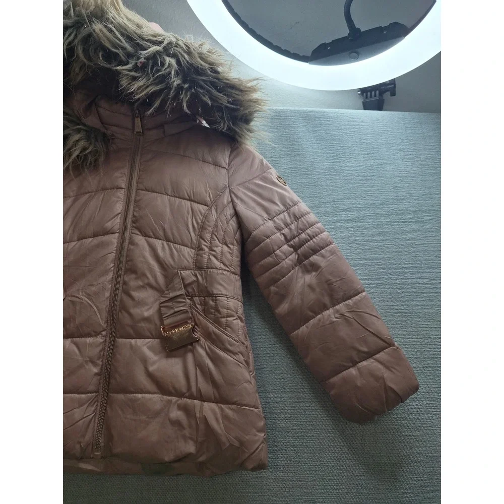 Michael Kors Puffer Jacket Girls Small Pink Faux Fur Hooded Full Zip Winter